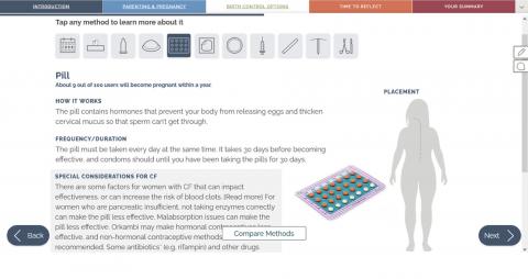 Screen caption of MyVoice: CF showing birth control options 